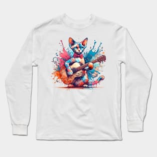 Devon Rex Cat Playing Guitar Long Sleeve T-Shirt